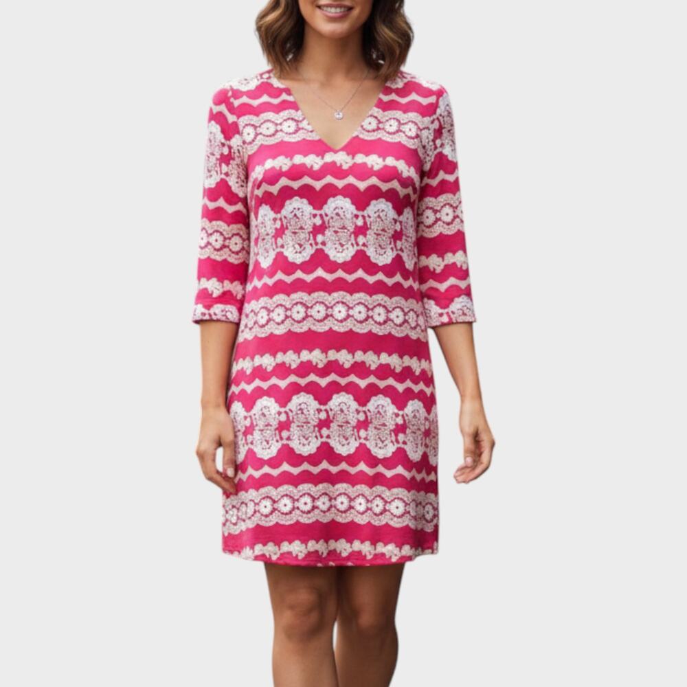 Dina Be Womens Dress Pink White Pattern Small 1/2 Sleeve